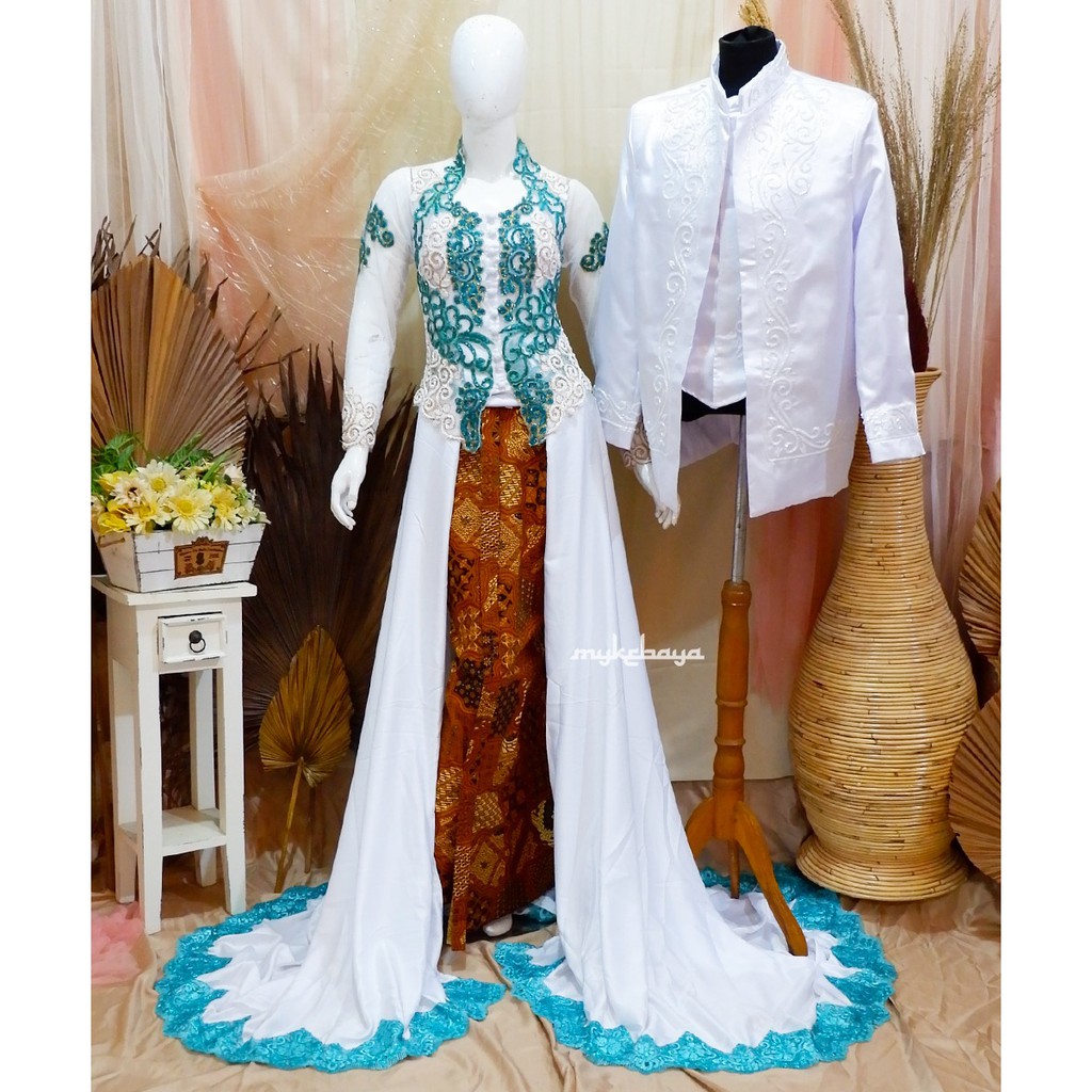 PROMO KEBAYA PENGANTIN AKAD EKOR SATIN PUTIH MODERN BEST SELLER/ KEBAYA RESEPSI MOTIF HIJAU