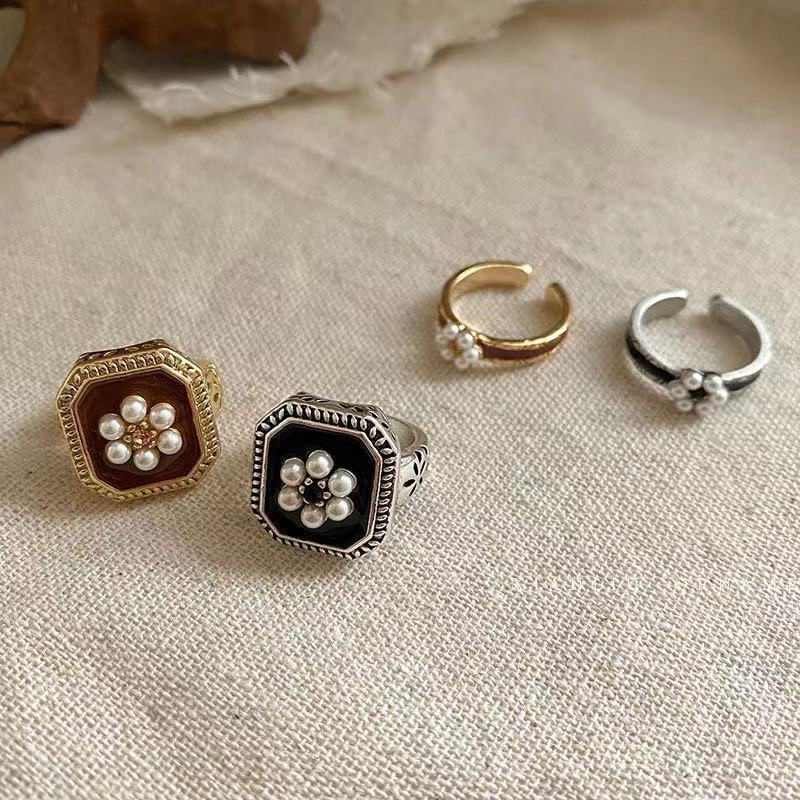 Vintage court merah anggur mutiara bunga cincin untuk wanita cahaya mewah minoritas desain indah ter