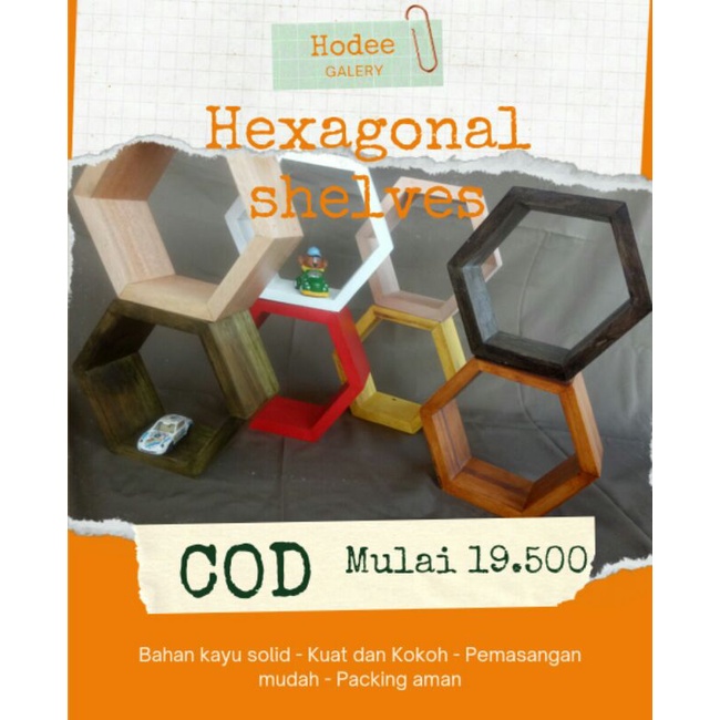 Hiasan dinding, rak dinding kayu, rak dinding tempel, ambalan dinding, hexagonal, minimalis murah