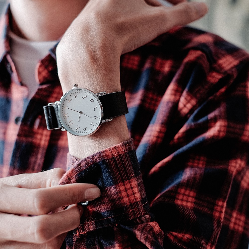 Jam minimalis angka arab strap kulit aseli silver white