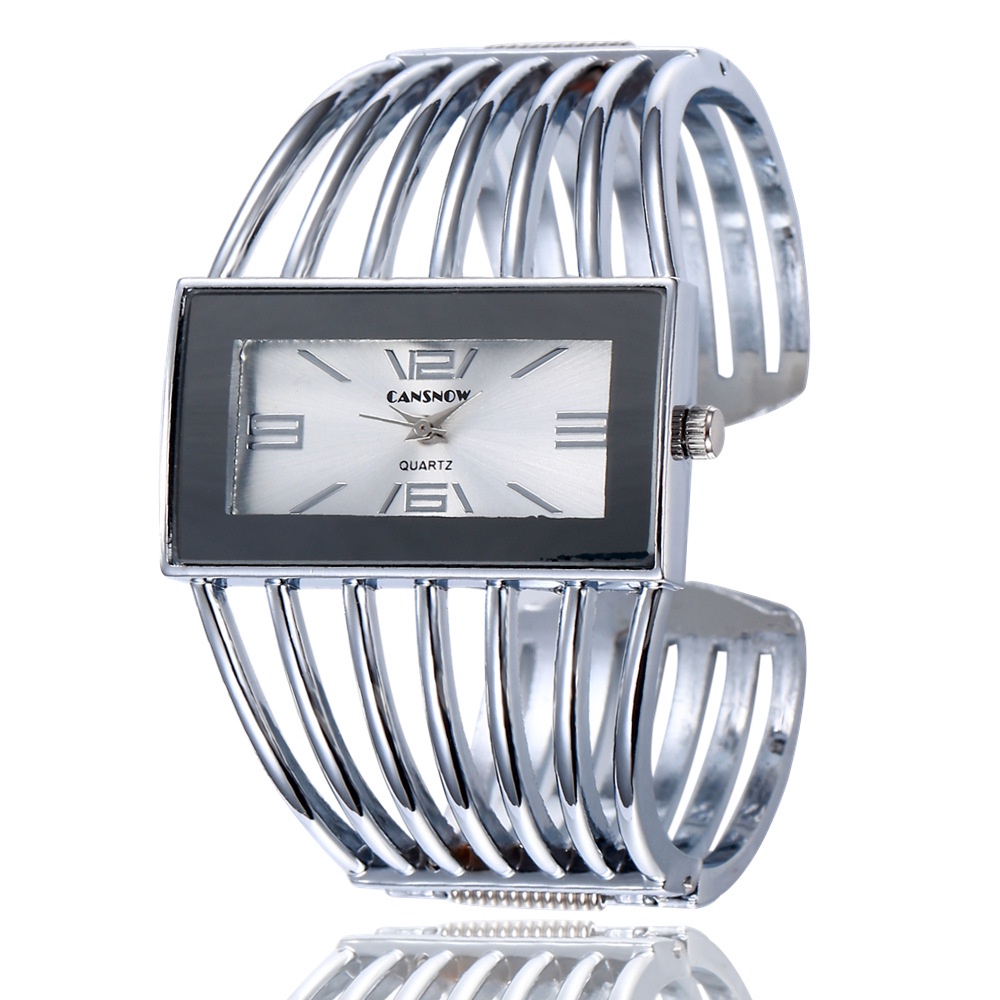 HOT PROMO Cansnow Wanita Jam Tangan Mewah Modis Mawar Emas Gelang Gelang Jam Tangan Wanita Gaun-silver white