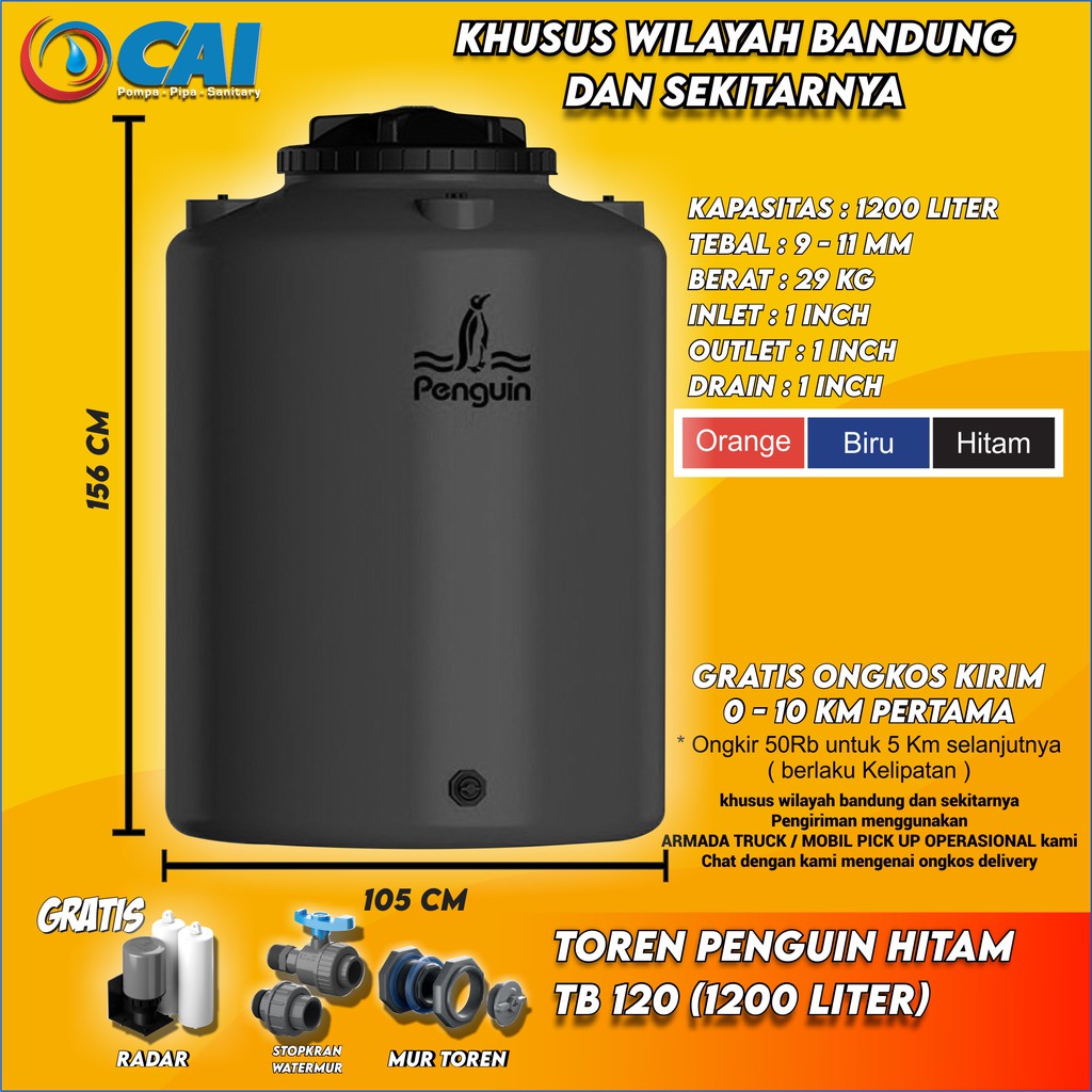 TOREN TANGKI AIR - PENGUIN - TB120 - 1200 LITER - HITAM