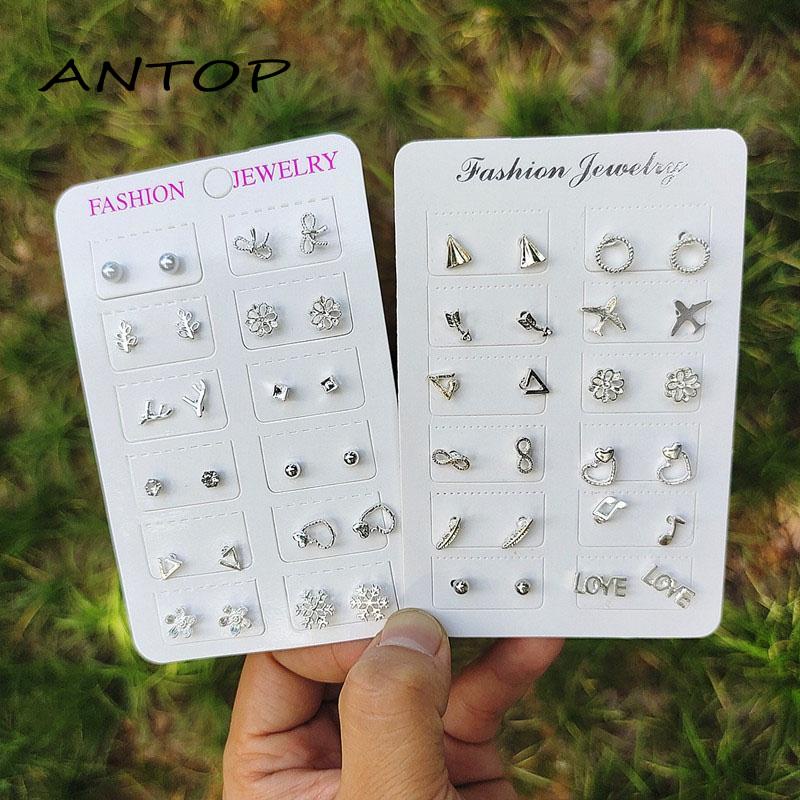 12 Pasang / Set Anting Tusuk / Stud Model Campur Bahan Silver Untuk Wanita