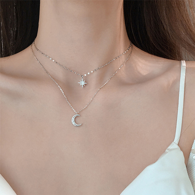 Korean Simple Double Layer Star Moon Charm Necklace Delicate Clavicle Chain Zircon Necklace for Women Jewelry