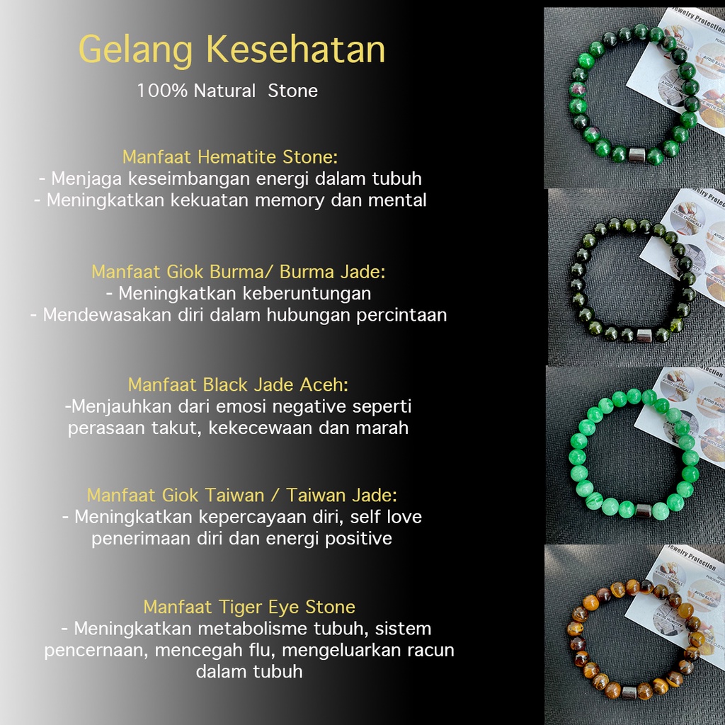 [Bayar Di Tempat] Gelang Kesehatan Pria Wanita Batu Alam Black Onyx Tiger Eye Giok Burma Giok Taiwan White Pyrus Putih Black Jade Aceh Lava Stone Hematite Stone Murah COD Keren