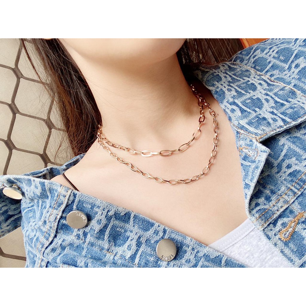 kalung wanita cewek bahan titanium asli anti karat model choker 2 layer rosegold