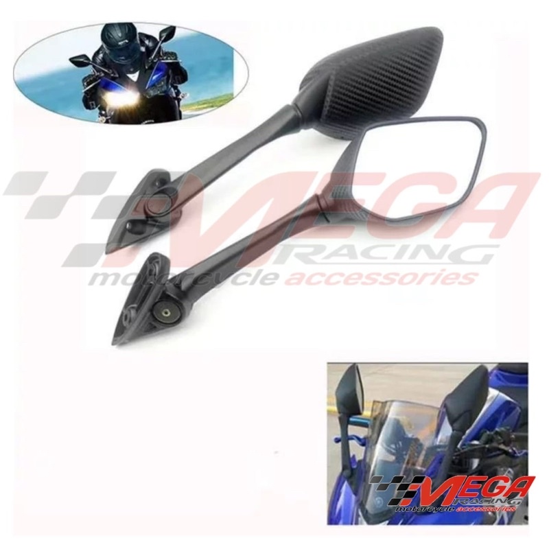 Spion Model R25 Panjang Karbon Lipat Kaca Biru &amp; Putih Batok Carbon Motor CBR Ninja Nmax Lexi Pcx