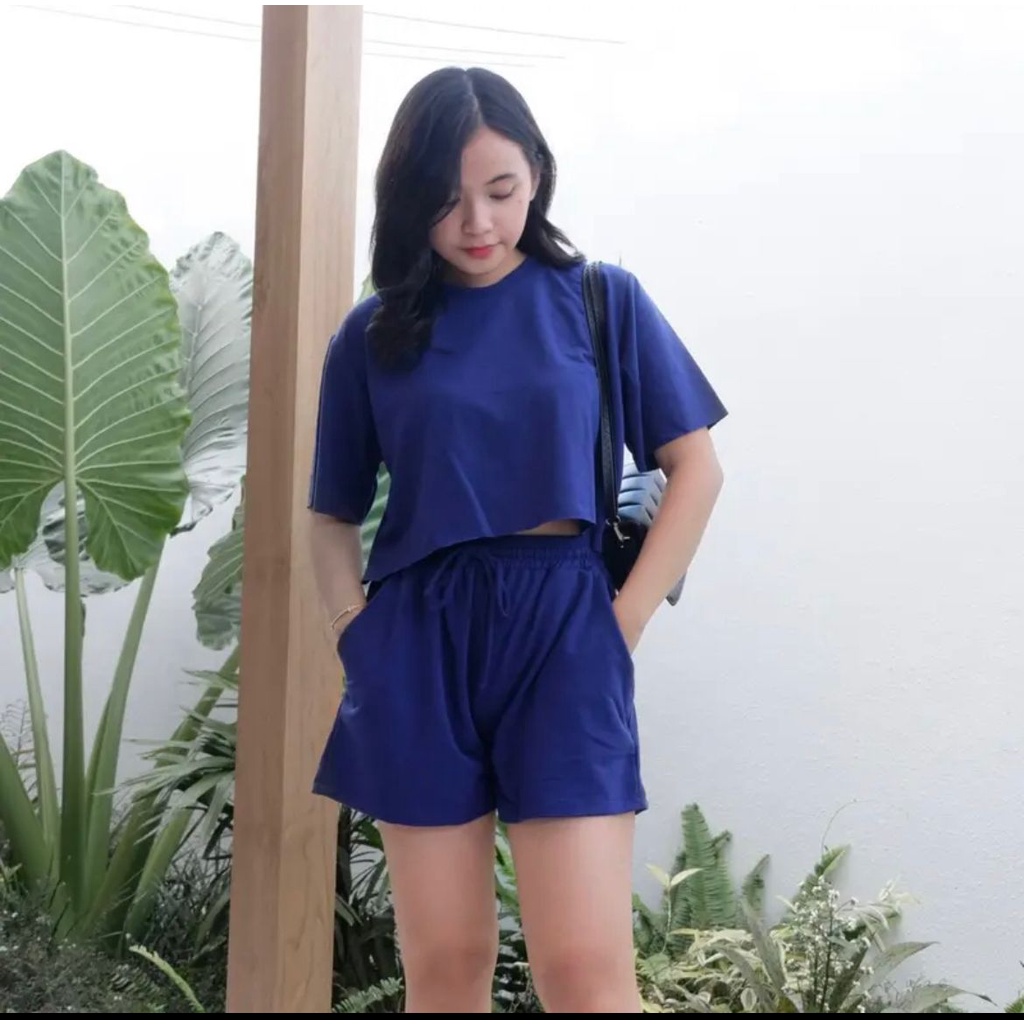 Toply shop Setelan Wanita Crop Top Set Lengan Pendek dan Celana Pendek Wanita Stelan Jumbo Wanita