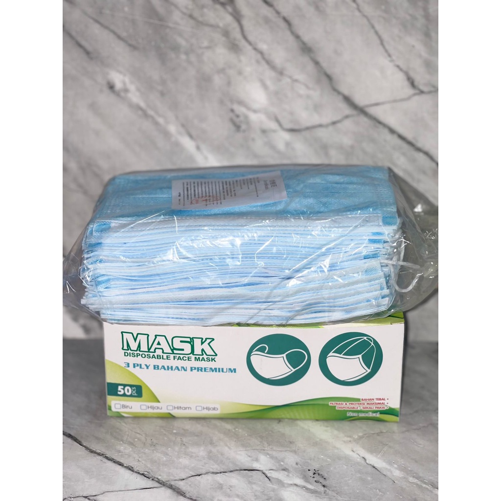 MASKER HIJAB 3 PLY DEWASA// MASKER HIJAB BIRU SI 50PCS - DISPOSABLE PROTECTIVE FACE MASK