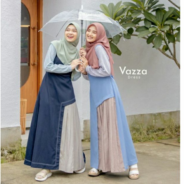 VAZZA DRESS JILBRAVE | Gamis Jeans Suede Aksen Lipit Manis Motif Tartan