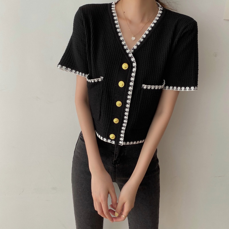 Atasan crop top kardigan rajut wanita lengan pendek Korean style cardigan rajut