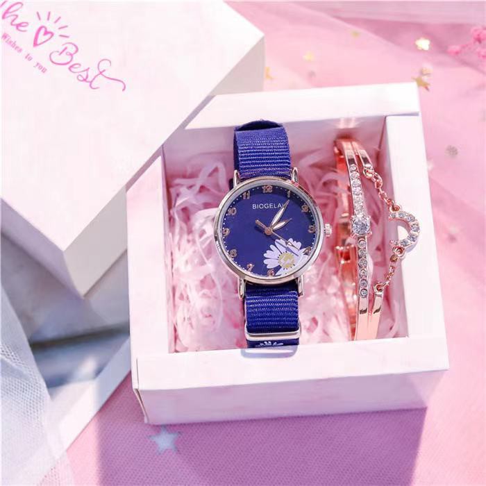 Jam Tangan Canvas Bunga Daisy Wanita Quartz Analog Casual Fashion Gaya Korea Import