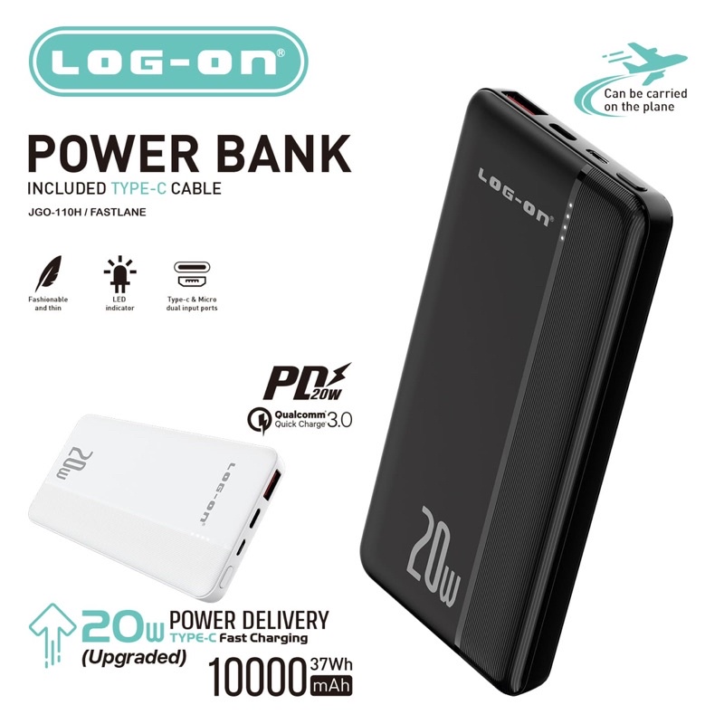 POWERBANK LOG ON 10.000mah PD20W+QC3.0 JGO-110H FASTLANE FAST CHARGING