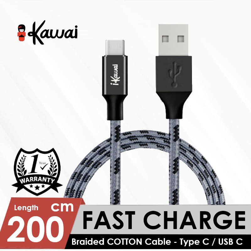 iKawai Braided Cotton Kabel Data MicroUSB Type C Iphone Lightning QC3.0 Fast Charging 3.2A IKKCC200