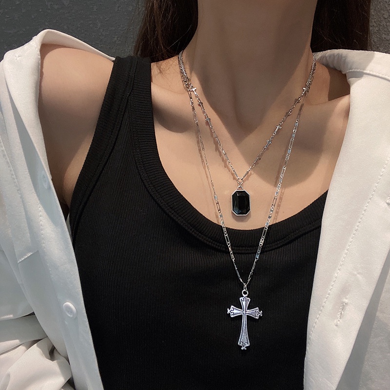 Black Diamond Cross Multilayer Necklace Accessories Personality Street Hip Hop Clavicle Chain