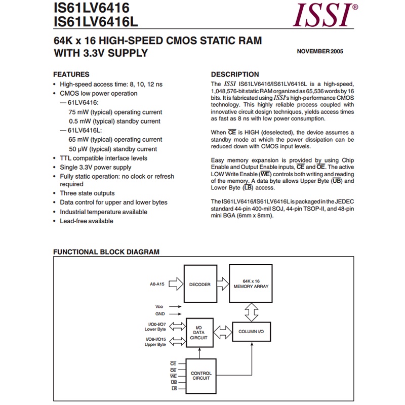 Is61lv6416-10tli Flash Memory Chip TSOP44 1MB Statis Acak