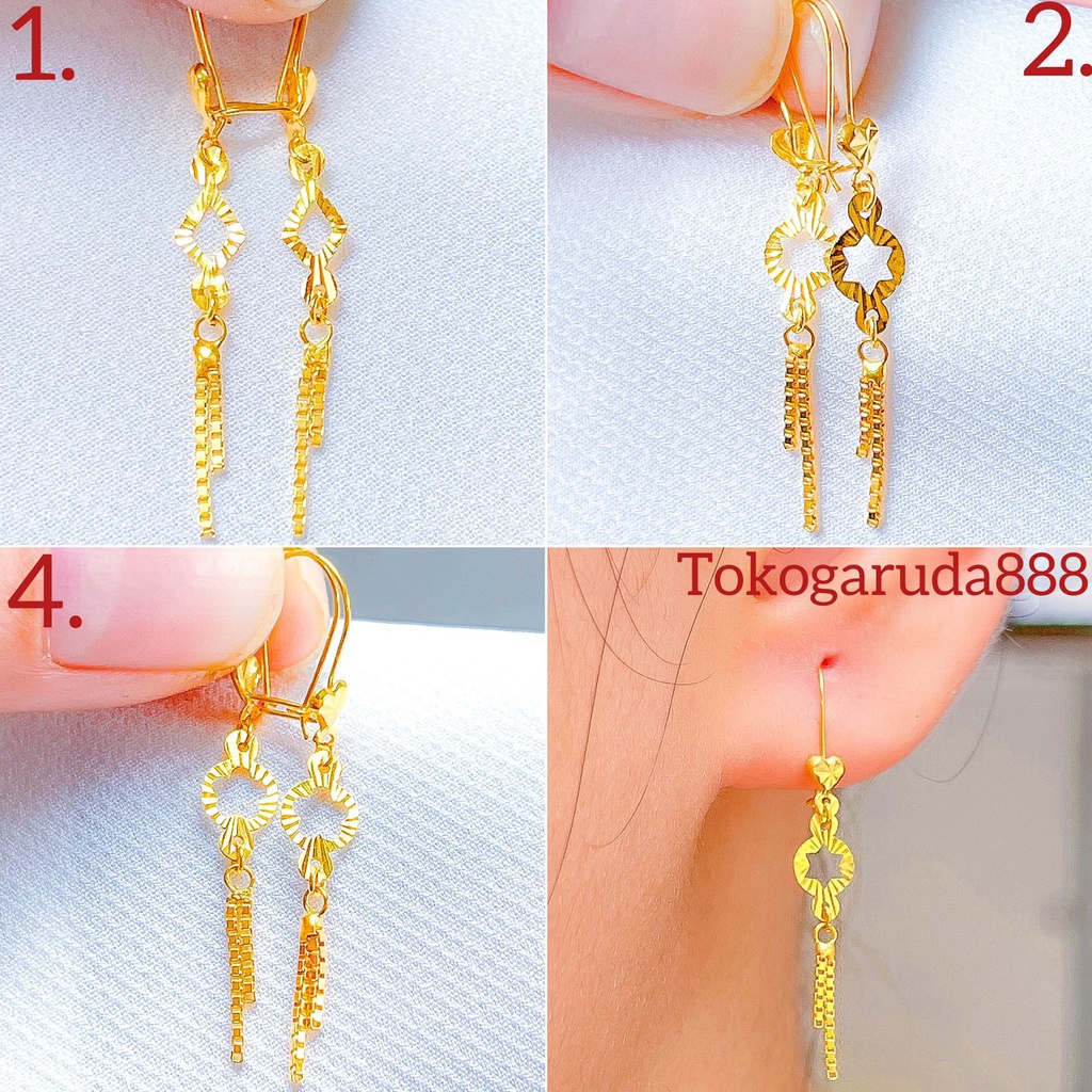 Anting anak dan dewasa emas asli kadar 700 70 16k kerabu gantung rumbai diana love heart wajik diamond bunga sakura ringan setengah gram gr g itali kuning gold