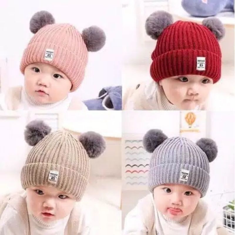 Topi Rajut pom pom bayi rajut bulu anak, Topi kupluk wool hangat bayi