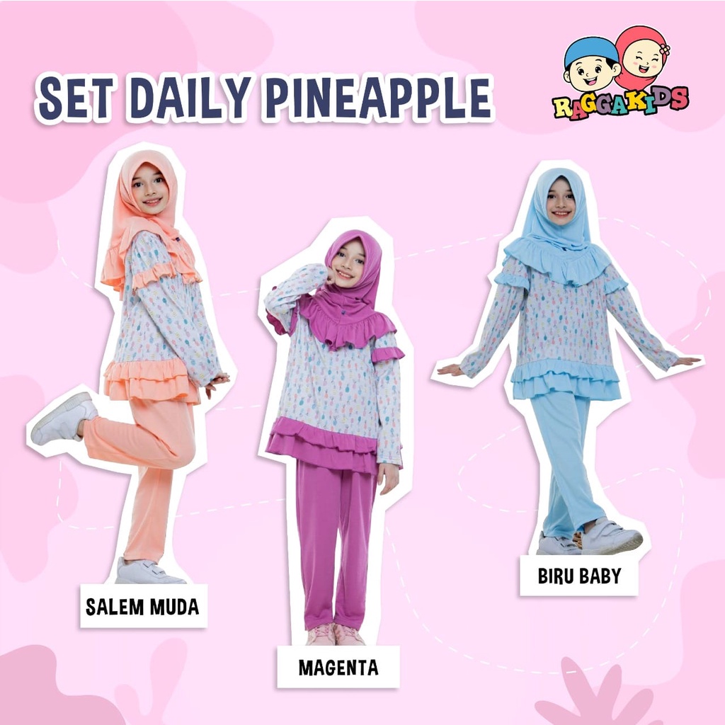 BAJU PAKAIAN MUSLIM SETELAN ANAK PEREMPUAN REMAJA SET DAILY TERBARU ADEM BAHAN KAOS RAGGAKIDS 1-12 TAHUN RG 17