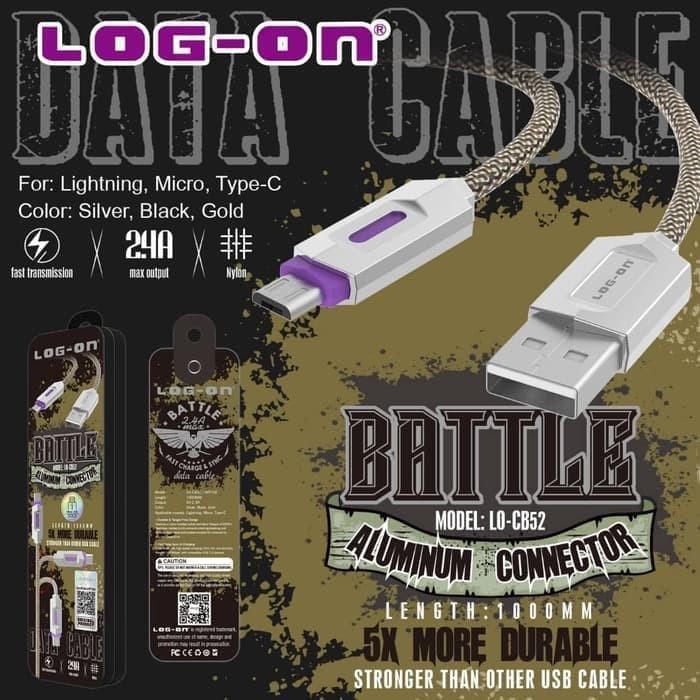 KABEL DATA BATTLE LO-CB52 LIGHTNING -IOS PIN CABLE 2.4A FAST CHARGING LOG ON