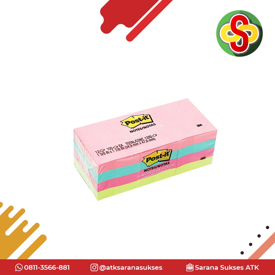 Sticky Note / Kertas Memo Post-it 3M 653AN 4 Warna Isi 12 pcs