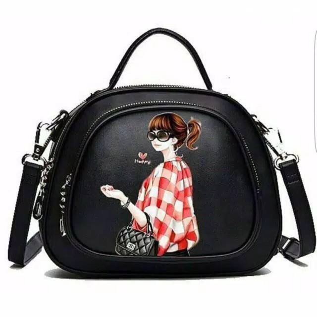 [ COD ] ZOLA - Tas Ransel Backpack Fashion Wanita DONA-PRINTING(BAJU KOTAK)