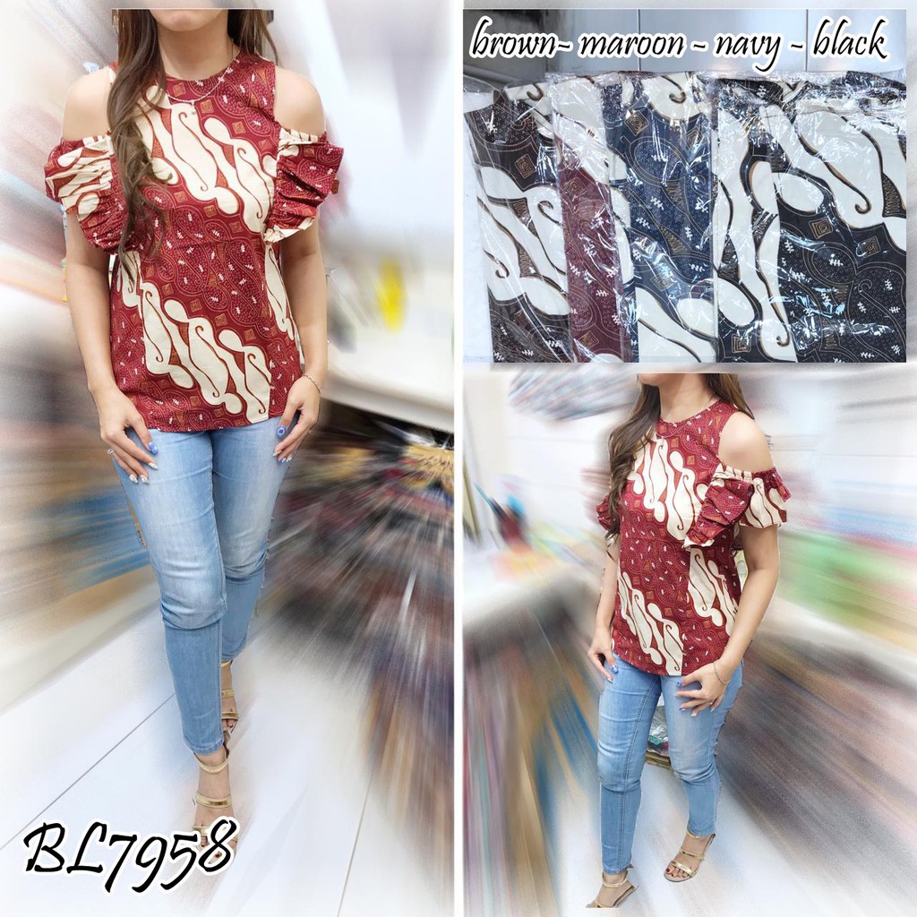 TOP PRODUCK BAJU BLOUSE WANITA KOREA IMPORT V NECK PURPLE MOTIF