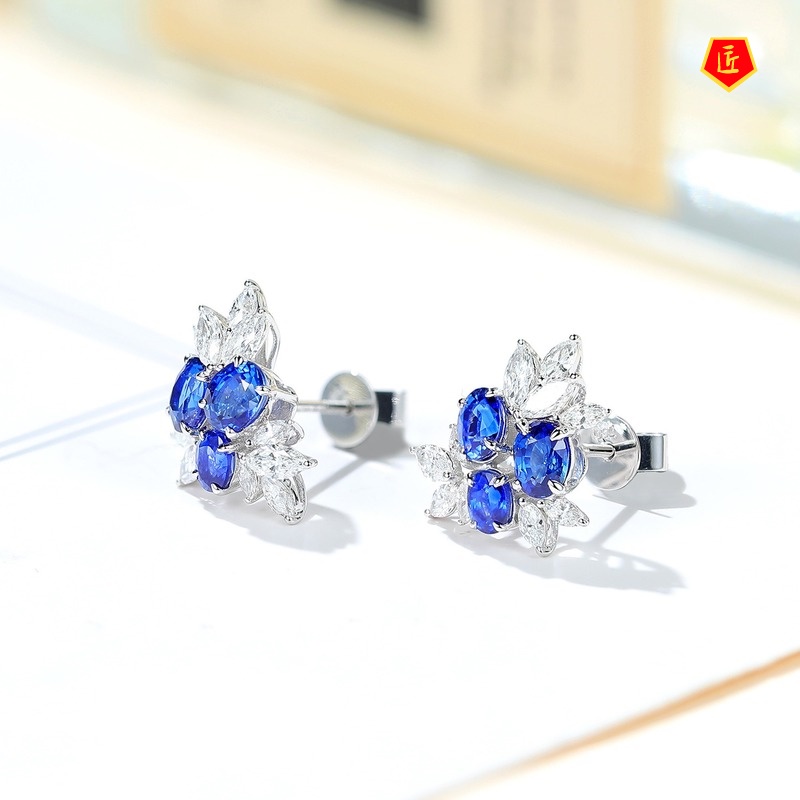 [Ready Stock]18K White Gold Ruby Stud Earrings Luxury Sapphire