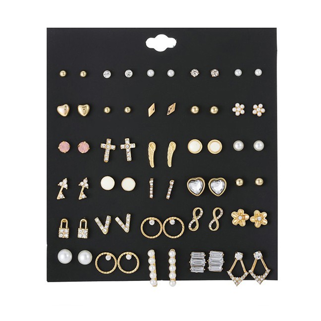 LRC Anting Set Fashion Color Mixing Flower Cross Diamond Earring Set 30 Pairs D94159