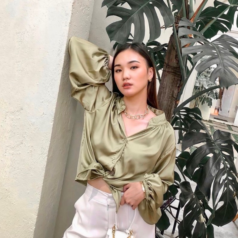 Copper Silk Kemeja Satin Blouse Puffy Korea vintage oversize kemeja saten silk blouse pesta formal