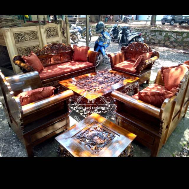 Meja & Kursi Tamu Madura Kayu Jati Full Ukir + Busa & Bantal -