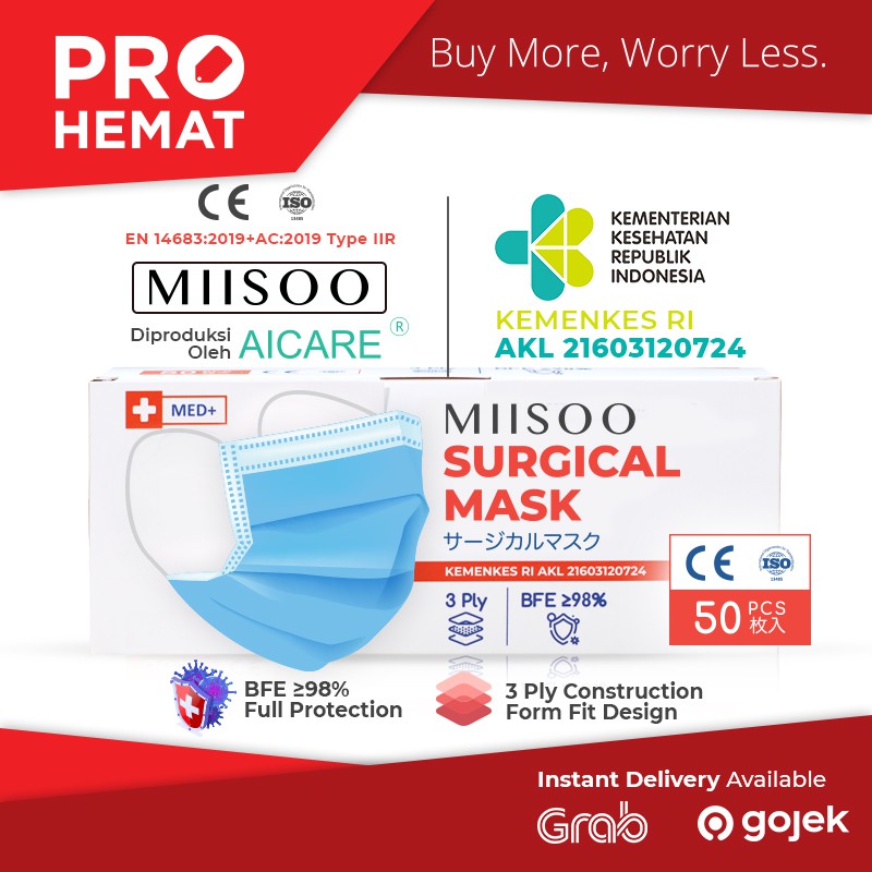 PROHEMAT Facemask Surgical Masker Medis 3ply 50s Masker Bedah Produksi AICARE izin Edar/Kemenkes