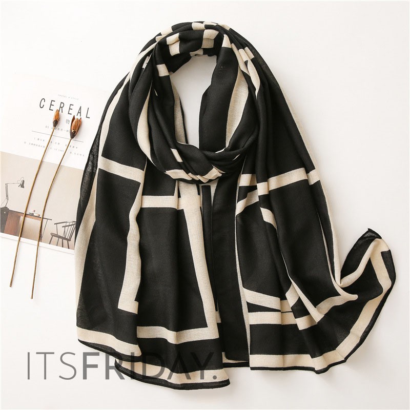 ITSFRIDAY ZETTA IN BLACK Scarf  - Premium Pashmina Shawl Selendang Syal Pasmina Hijab Import Motif Clasic Cream Black