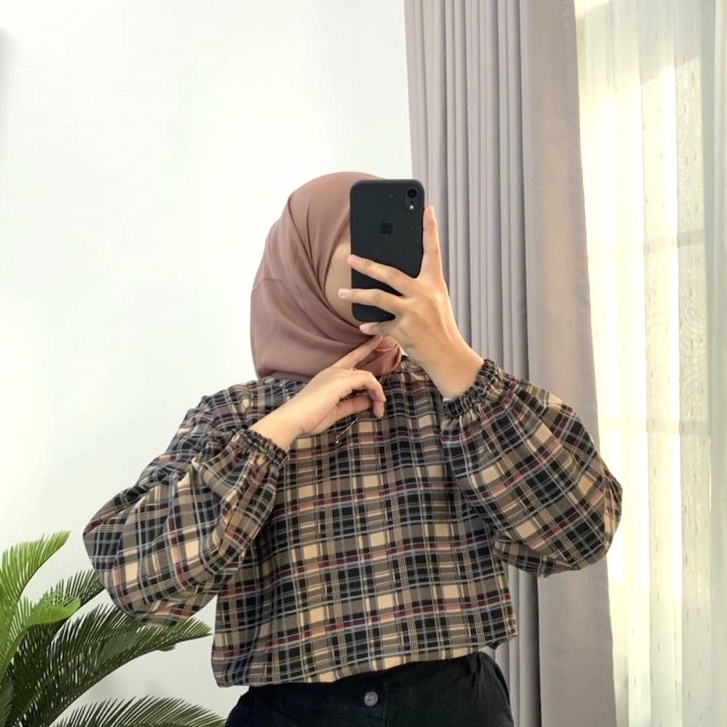 TARTAN CROP BLOUSE | BLOUSE TARTAN KOREAN STYLE | TINCA BLOUSE LENGAN KARET