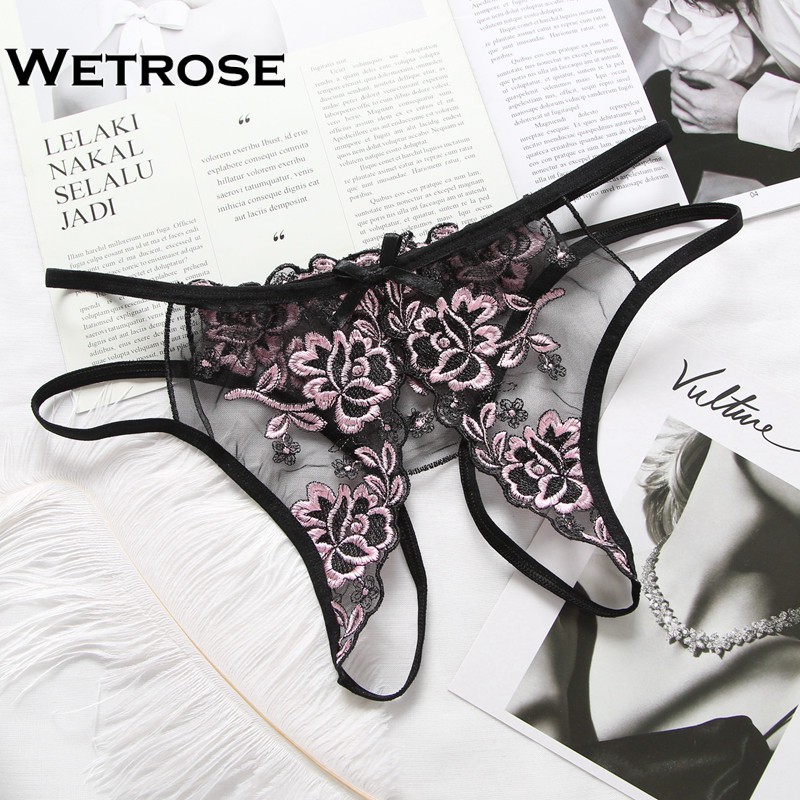 【Wetrose】 Celana Dalam Thong Bahan Lace Desain Bordir Gaya Sexy Erotis Menarik Untuk Wanita