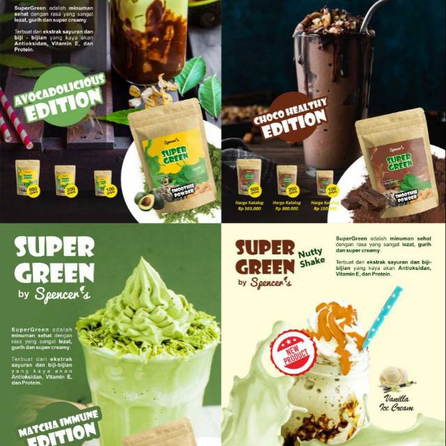 

Supergreen smothie powder tersedia 3 varian rasa : coklat, matha, avocadolicious