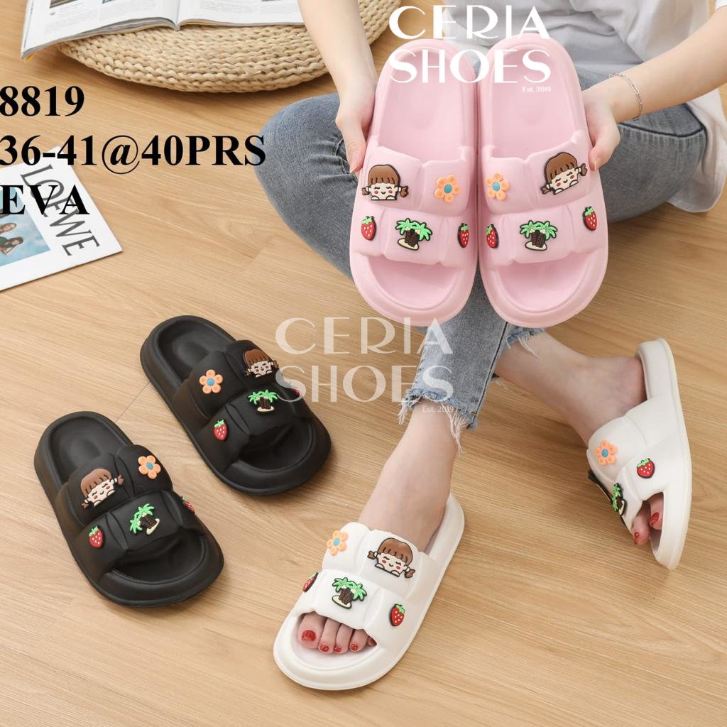 Sandal Slop Wanita Import Karet Empuk Lentur Motif Character Sol Tebal Anti Slip 8819