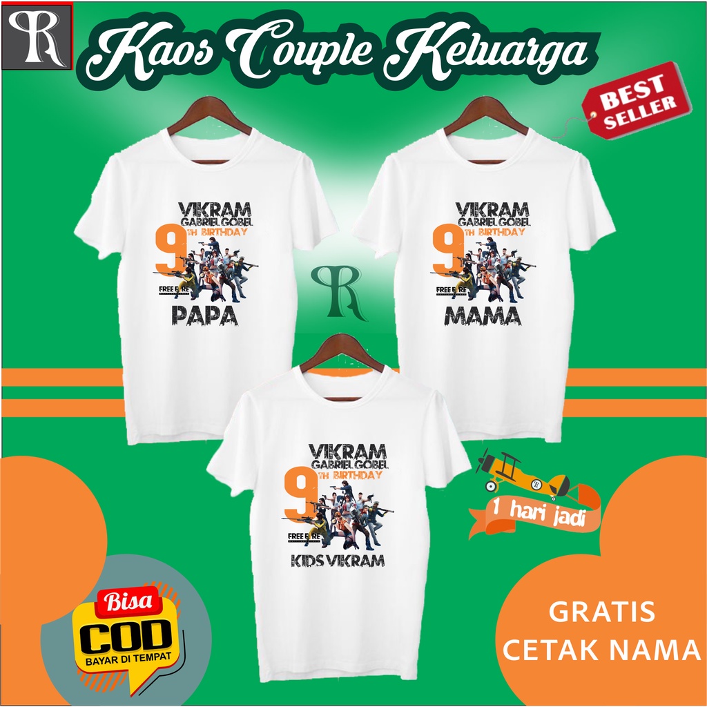 BAJU KAOS COUPLE KELUARGA | KAOS CUSTOM FAMILY CUSTOM ULANG TAHUN TEMA FREE FIRE -BISA REQUEST TULIS