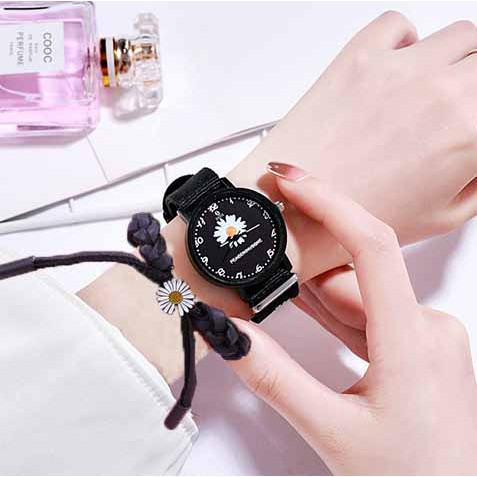 jam tangan Wanita Quartz Analog GD same paragraph Small Daisy Motif Kanvas Untuk Women Watch Set-L 1+Bracele