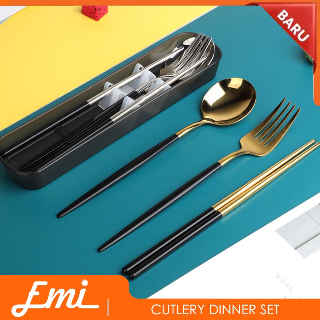 Set Perlengkapan Makan Sendok Garpu Sumpit Cutlery Dinner Set + Box