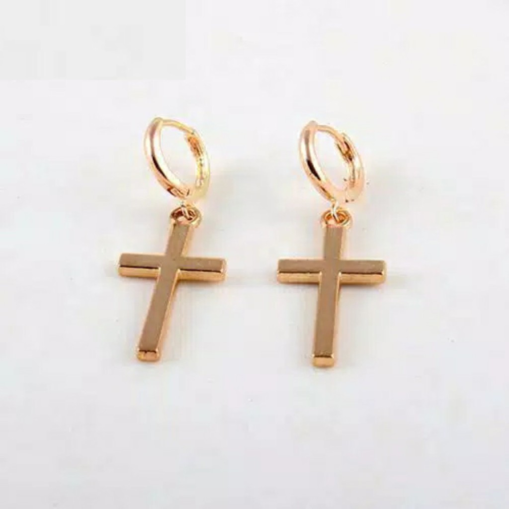 Anting Salib Menjuntai Hoop Earring Cross Dua Warna