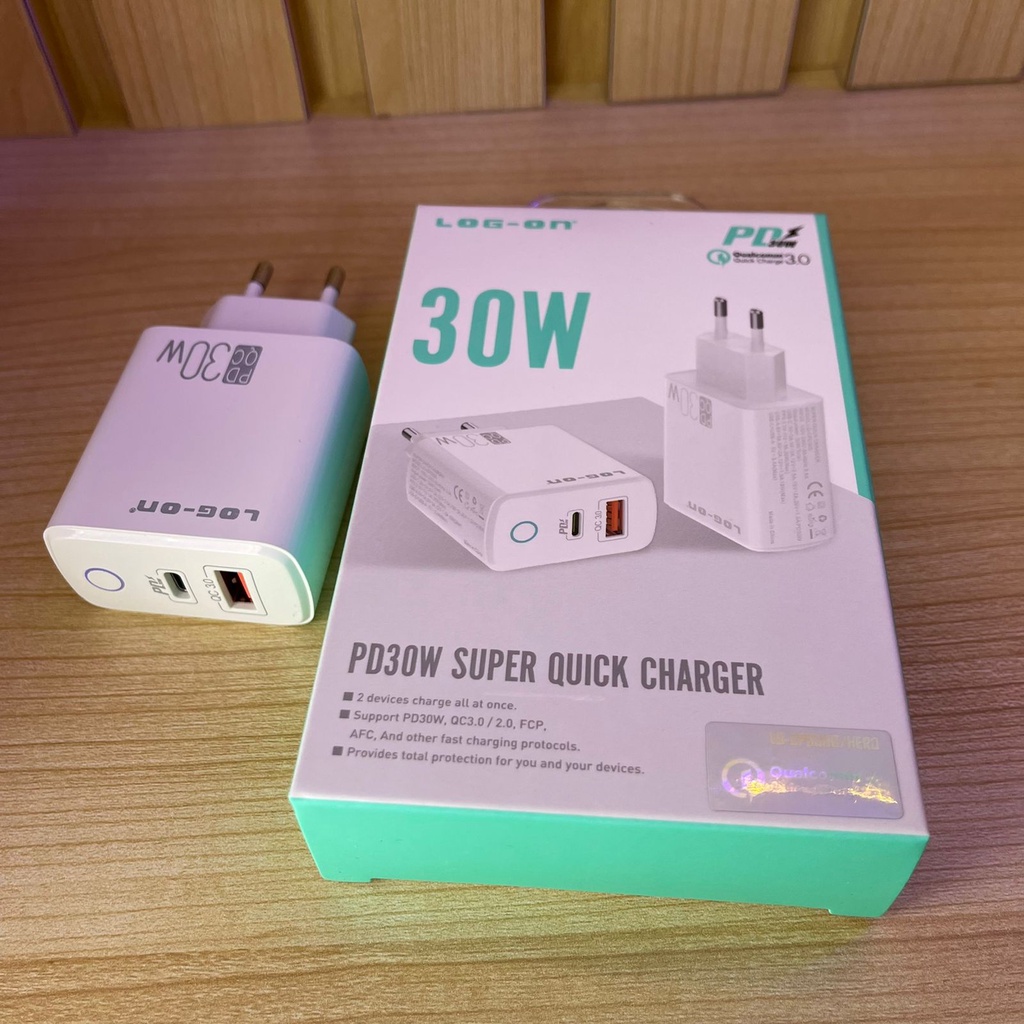 CHARGER LOG ON SUPER QUICK CHARGER HERO PD 30W LO-CPD300  SUPPORT PD 30W, QUICK CHARGE 4.O , 3.0 , 2.0 TOTAL OUTPUT 30W, DUAL PORT OUTPUT (USB A &amp; USB C) PENGISIAN SUPER CEPAT CAS HP IPHONE 58% DALAM 30MENIT