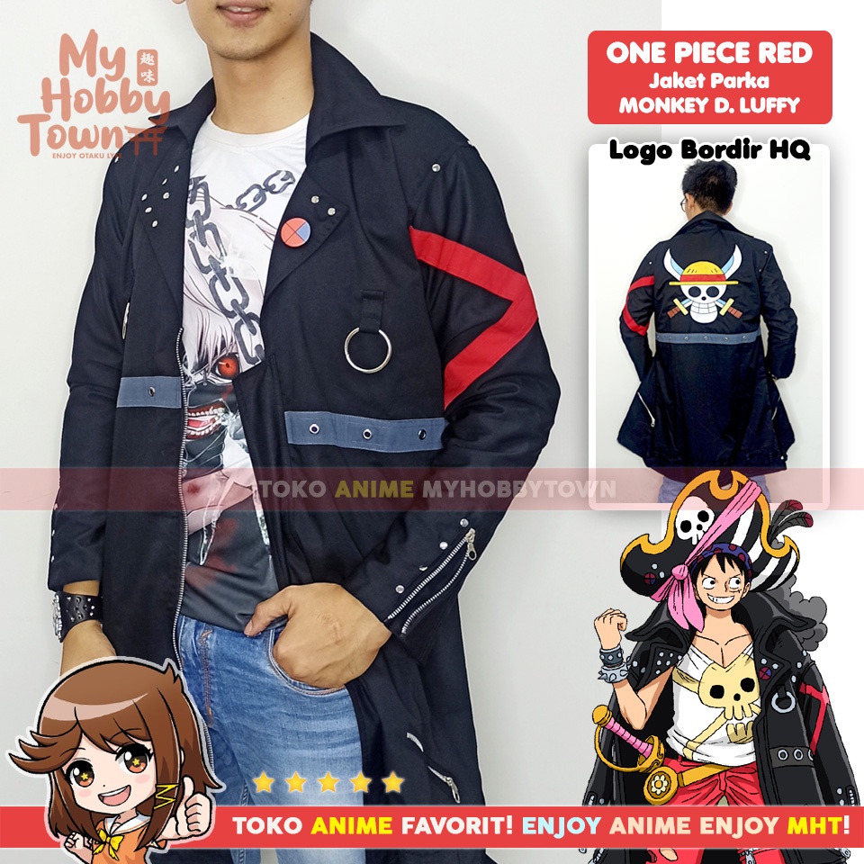 Jubah Jaket Parka Anime One Piece Red Monkey D. Luffy Kostum Cosplay