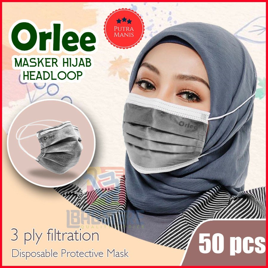 Masker Headloop Hijab 3 Ply Lapis medis Kemenkes 3Ply isi 50 Pcs ORLEE embos ebos kesehatan Abu Abu2