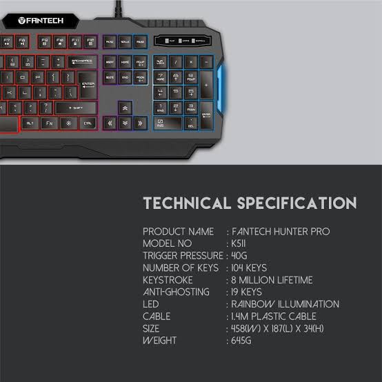 Keyboard Gaming RGB Fantech Hunter PRO K511 LED Backlit Rainbow Warna Pelangi