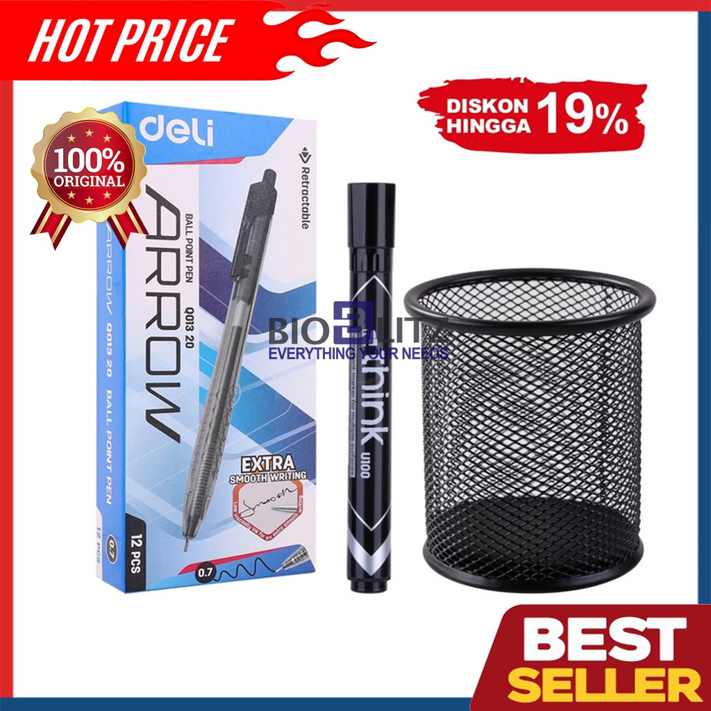 

Deli set office 2 spidol permanen + pen holder + retractable pen 0.7mm