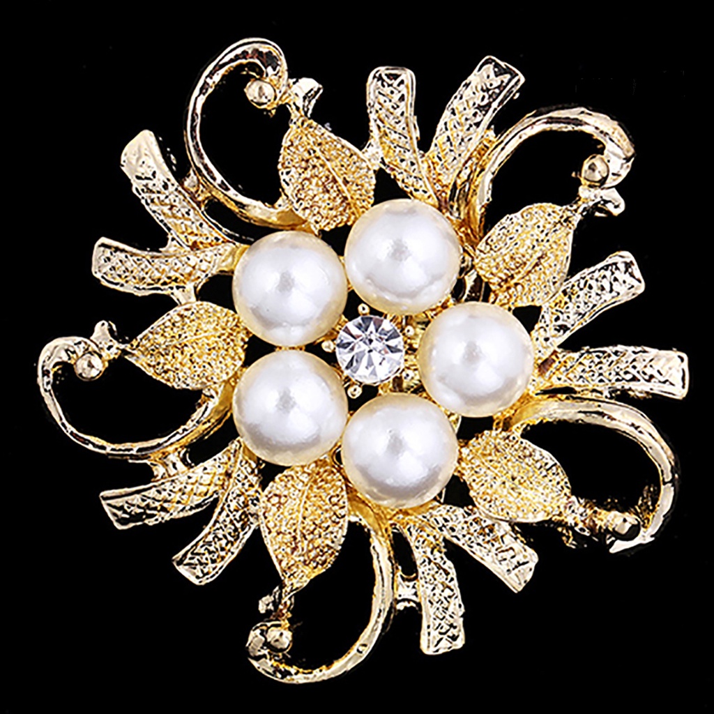 OW@ Women Breastpin Elegant No Deformation Flower Rhinestone Faux Pearl Brooch Pin for Party Dating