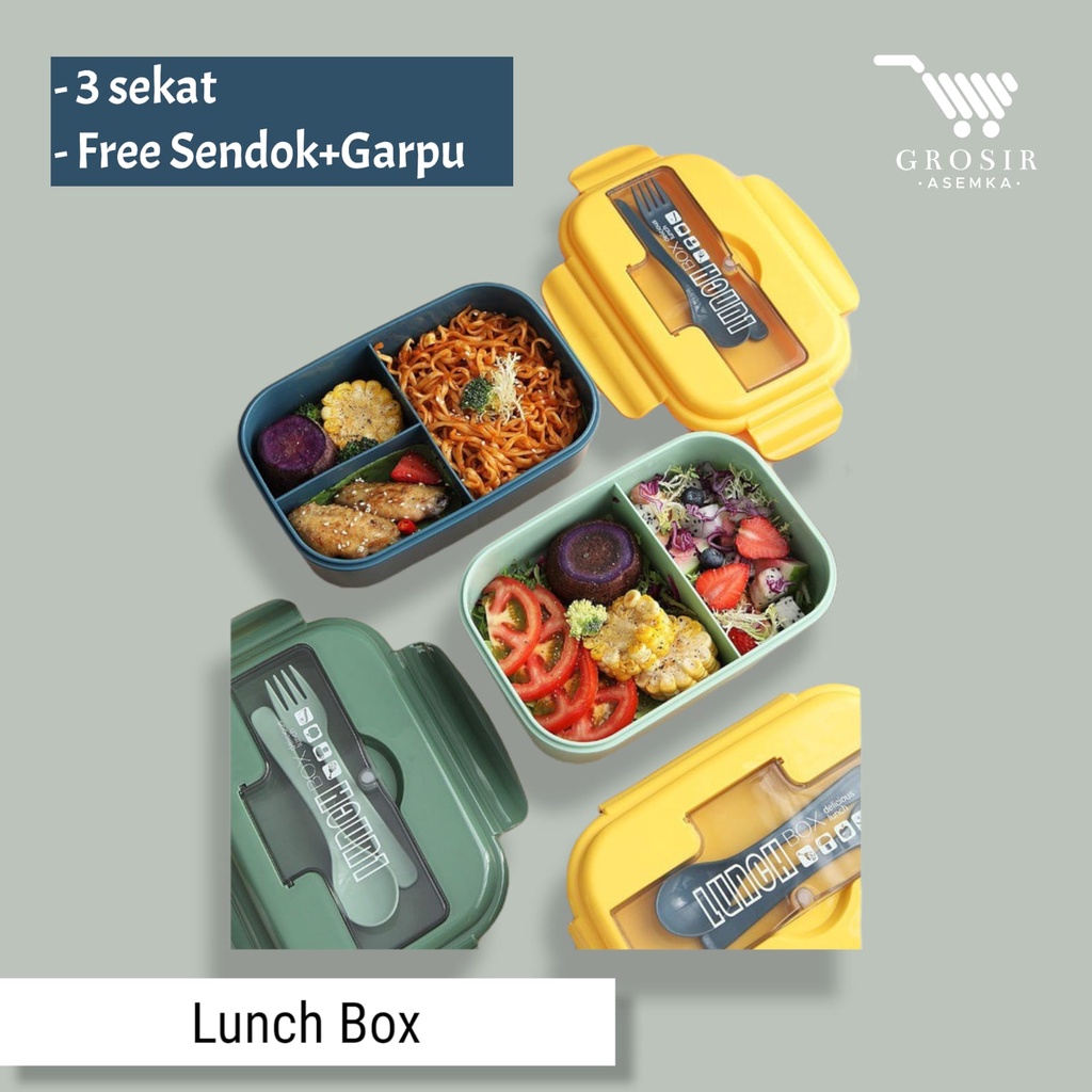 Lunchbox Kotak Makan Anti Tumpah 3 Sekat Free Sendok Garpu