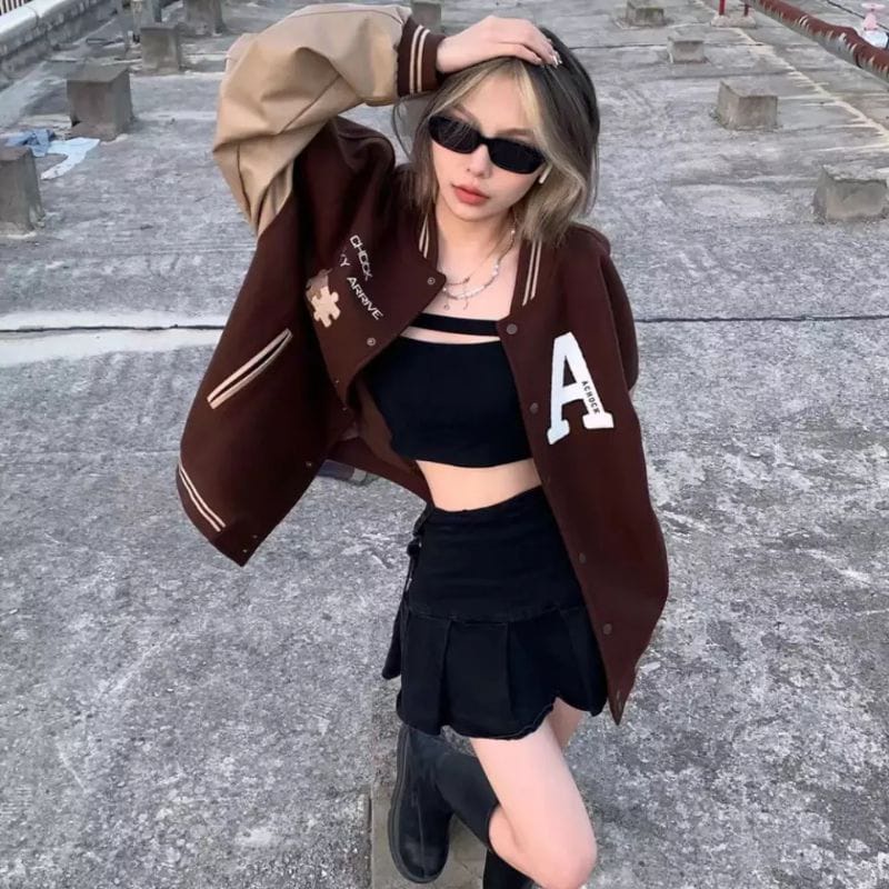 PUZZLE A CHOCK BROWNIE VARSITY BASEBALL OVERSIZE / BOMBER JAKET BISBOL KOREA STYLE A Baseball Varsity Jacket Premium Unisex Wanita Pria Cowok Outerwear Oversize  Matt Fleece Tebal