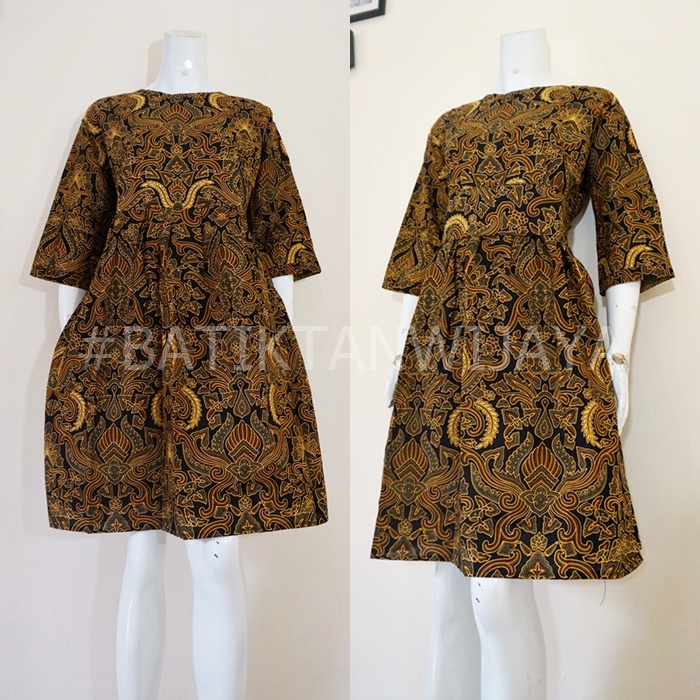 Dress Wanita Motif Batik Model Gaun Lengan 3/4 Bahan Katun Sogan Jogja Motif Pisang Bali Baju Batik 